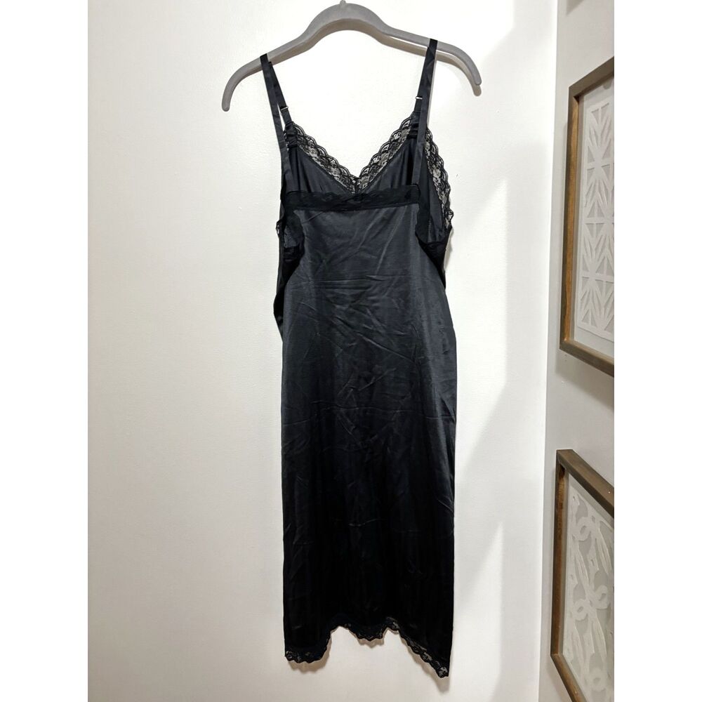 Vintage Black Nylon Lace Slip Dress Womens M Adjust Straps Made USA 90s Lingerie